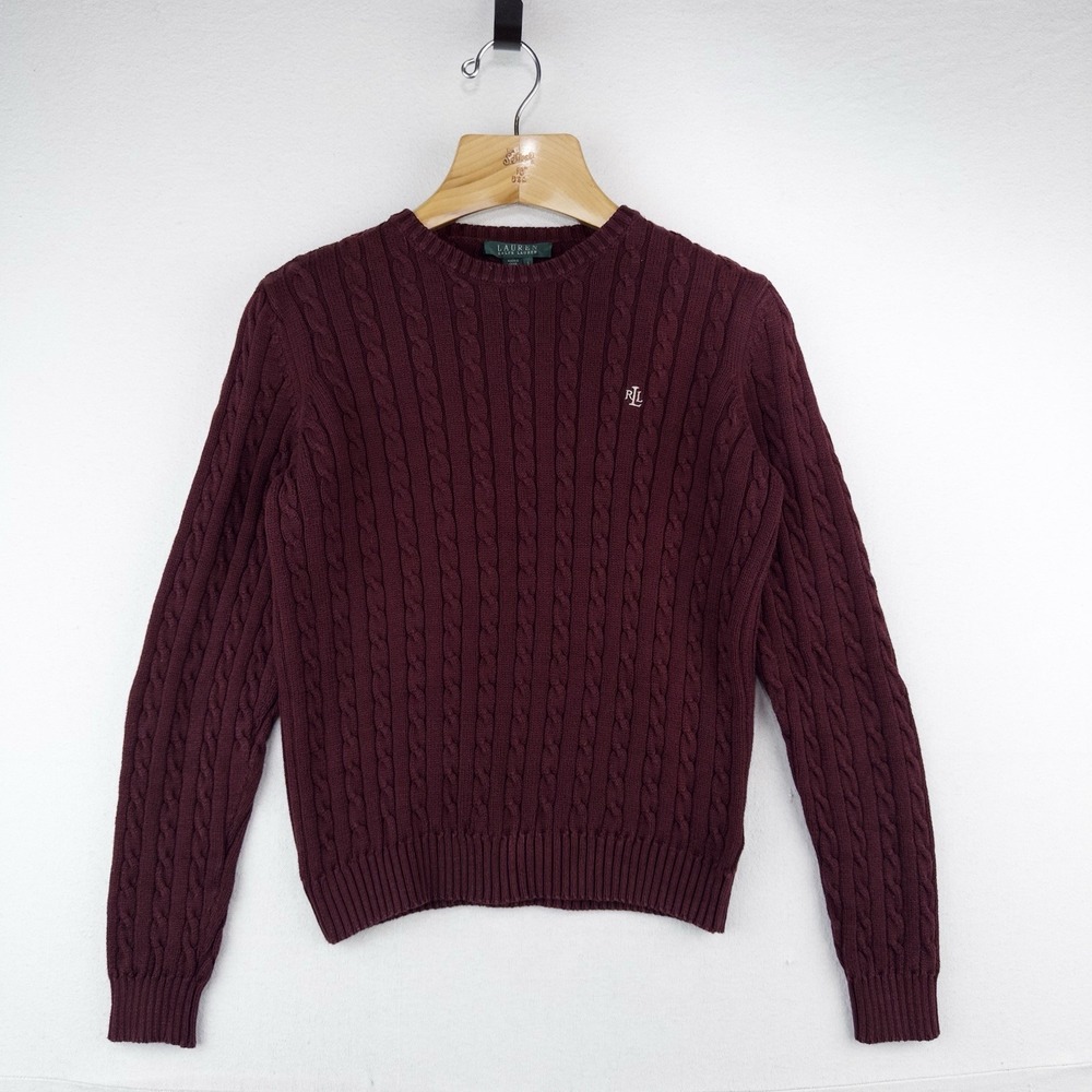 Ralph Lauren LRL Womens Small Maroon 100% Cotton Sweater 3D Cable Knit Crewneck